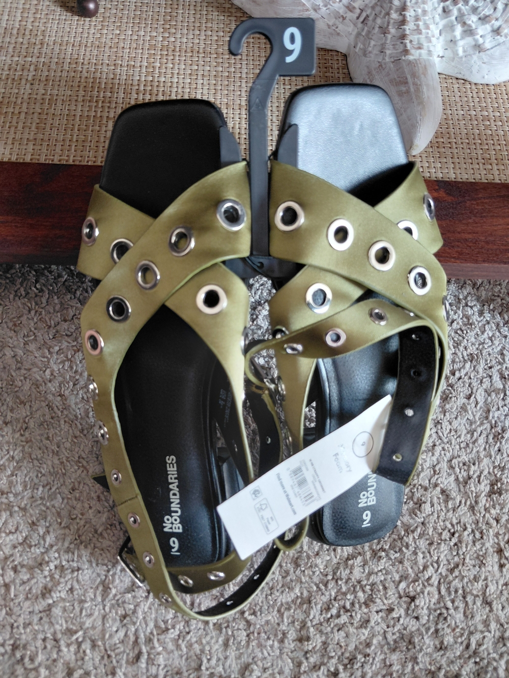No Boundaries Olive Green Grommet-Detail Flat Sandals